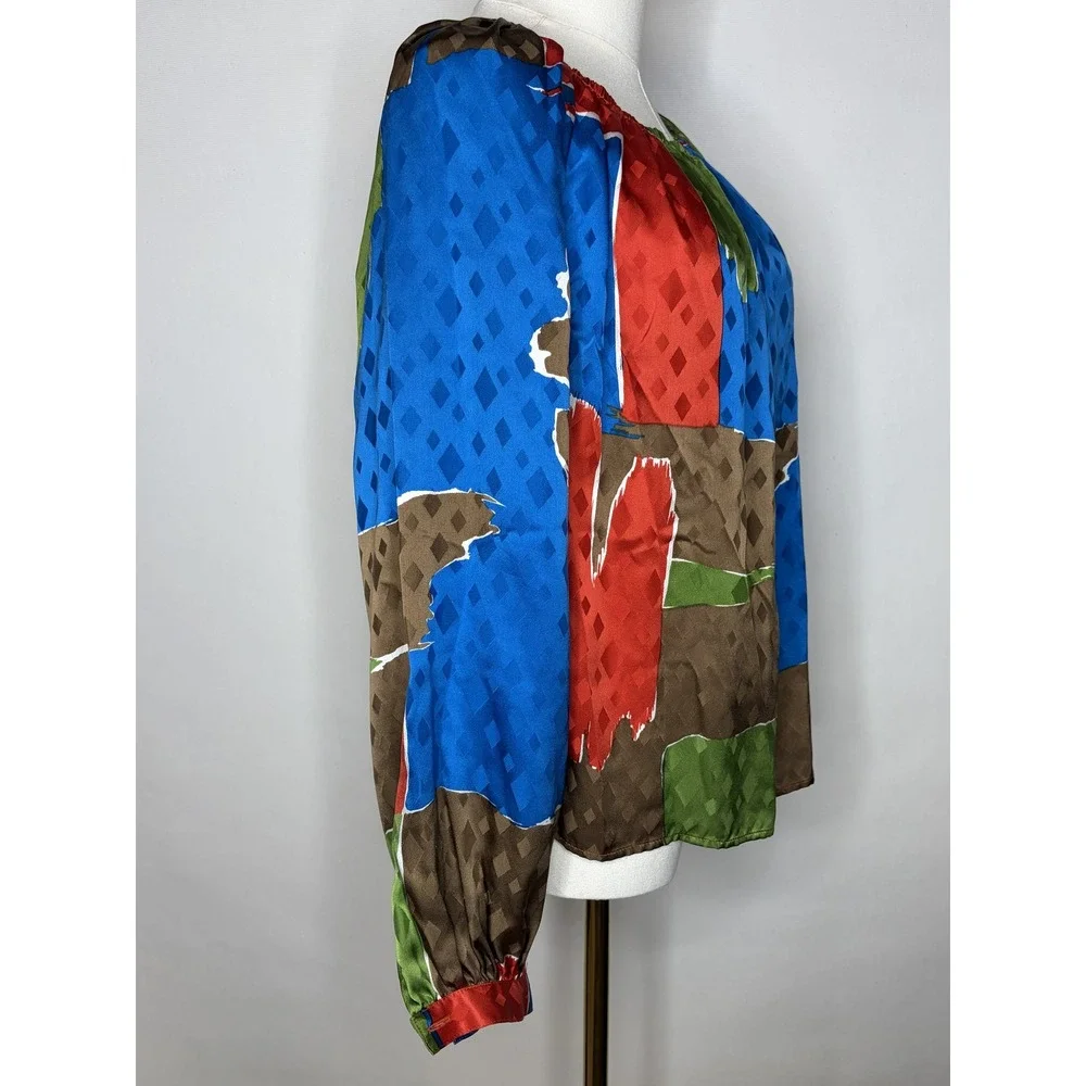 Tory Burch Silk Off The Shoulder Blouse Blue Green Abstract Print 73951 Size 6